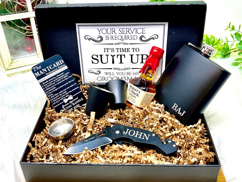 Groomsmen Proposal Gift Box, Groomsmen Gift, Groomsmen Gift Box, Groomsman Gift, Groomsman Gift Box Set, Pocket Knife, Groomsman Flask Gift Black/Black