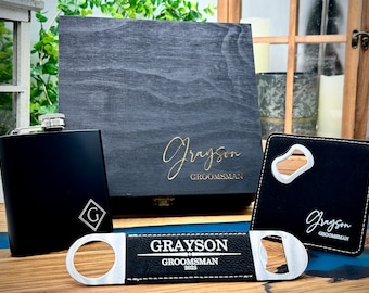 Groomsman Proposal Wood Gift Box, Engraved Flask, Bottle opener, Coaster, Groomsman Custom Gift Set