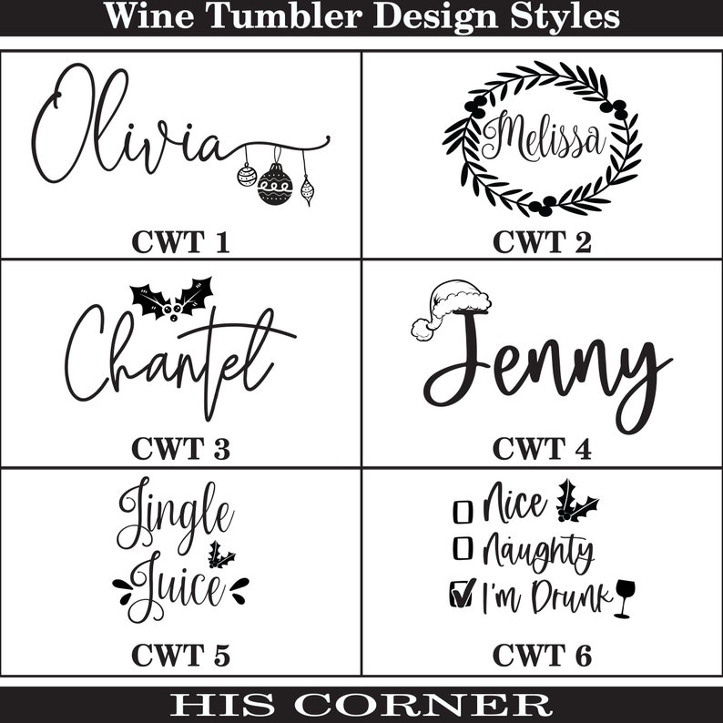 May include: Six different designs for wine tumblers featuring Christmas themes. The designs include names like Olivia, Melissa, Chanet, Jenny, and phrases like "Jingle Juice" and "I'm Drunk".