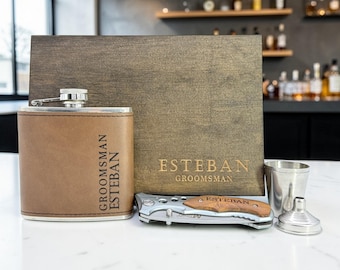 Groomsman Proposal Box – Engraved Wood Gift Set with Flask & Knife for Best Man