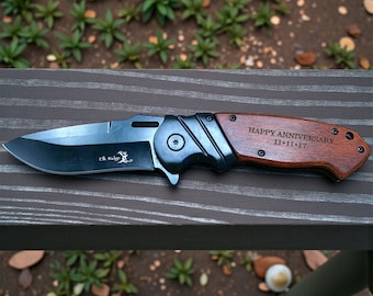 Personalized Anniversary Pocket Knife for Boyfriend, Engraved Wood Handle Folding Knife Gift