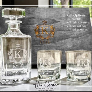 Personalized Whiskey Decanter Set with Glasses and Gift Box – Engraved Barware Gift for Husband, Boyfriend or Dad