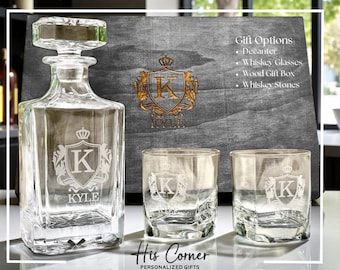 Personalized Whiskey Decanter Set with Glasses and Gift Box – Engraved Barware Gift for Husband, Boyfriend or Dad