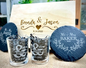 Newlyweds Custom Engraved Gift Box Set for Mr. and Mrs. with Shot Glasses and Slate Coasters