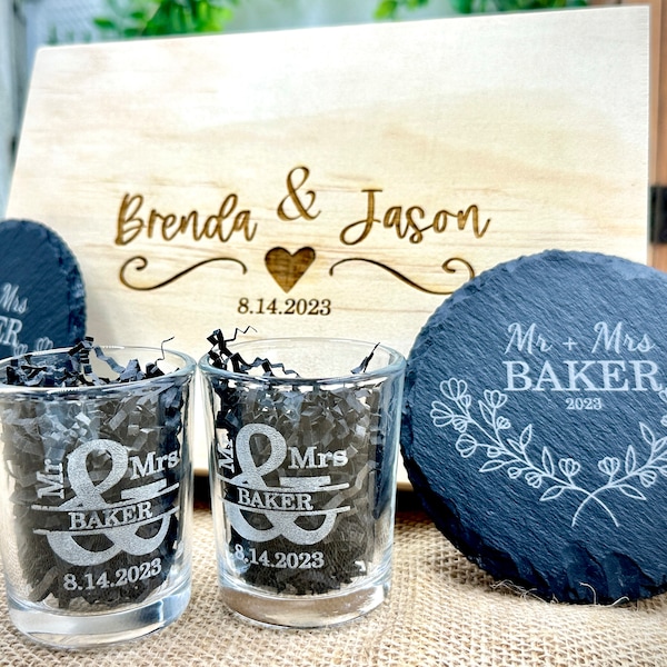 Newlyweds Custom Engraved Gift Box Set for Mr. and Mrs. with Shot Glasses and Slate Coasters