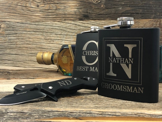 Personalized 7 oz Flask & Pocket Knife Groomsmen Gift Set