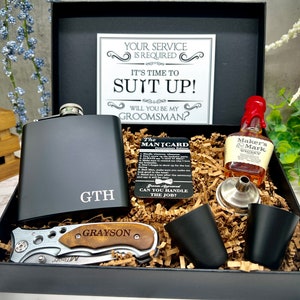 Groomsmen Proposal Gift Box, Groomsmen Gift, Groomsmen Gift Box, Groomsman Gift, Groomsman Gift Box Set, Pocket Knife, Groomsman Flask Gift Silver/Wood