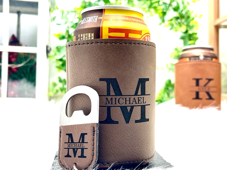 Personalized Can Cooler with Bottle Opener for Groomsmen Gifts Proposal Ideas Dark Brown/Round