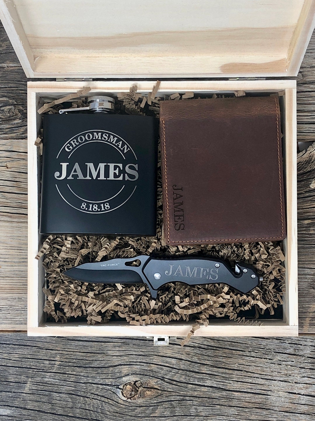 Groomsmen Wallet, Pocket Knife, Flask, Box Gift Set Groomsmen Proposal