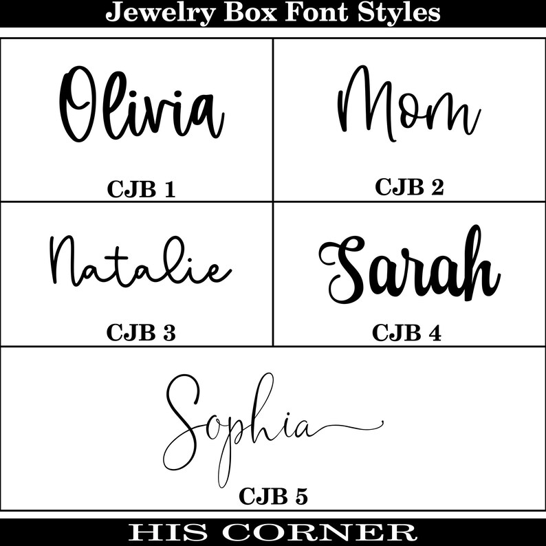 Puede incluir: Cinco estilos de fuente diferentes para cajas de joyer&iacute;a, etiquetados como CJB 1 a 5. Los nombres Olivia, Mom, Natalie, Sarah y Sophia se muestran en cada estilo de fuente.