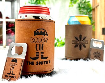 Personalized Christmas Can Cooler, Stocking Stuffer Gift, Bottle Opener Cooler for Dad, Mom, Uncle, Aunt, Family Holiday Gifts