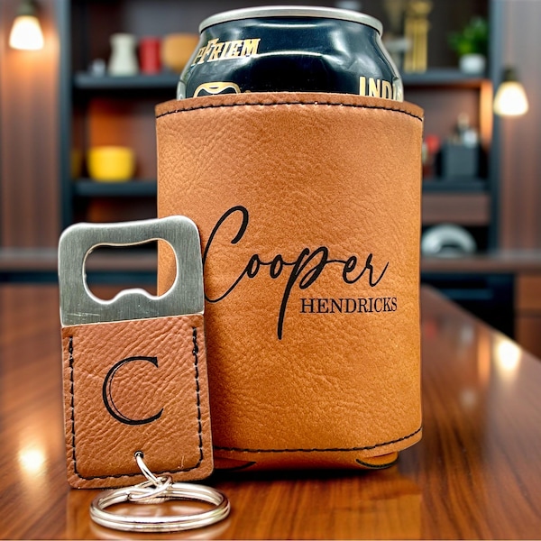 Personalized Can Cooler and Bottle Opener Set – Engraved Groomsmen Proposal Gift, Custom Gift for Him