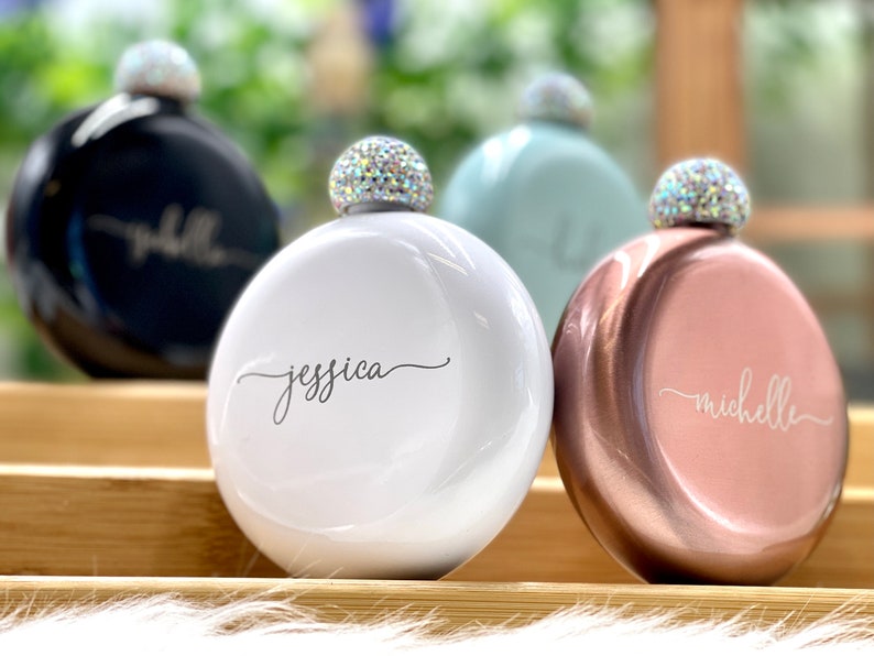 Personalized Round Flasks with Rhinestone Lid for Bridesmaid Gifts image 9