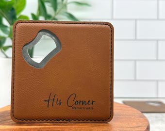 Custom Logo Coaster with Bottle Opener, Corporate Gift with Engraved Company Logo, Personalized Leather Coaster for Clients or Employees