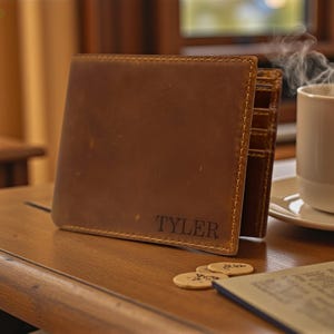 Personalized Leather Wallet for Boyfriend, Engraved Anniversary Gift for Him, Custom Name Wallet