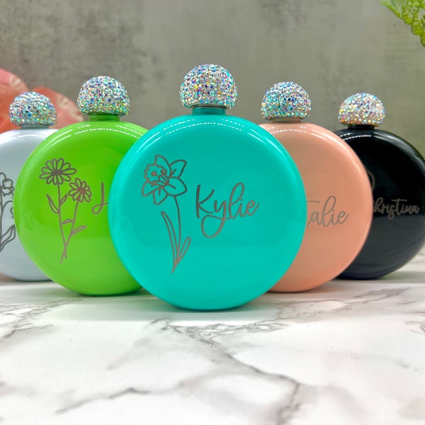 Personalized Round Flasks with Birth Flower, Women's Flask, Gift for Bridesmaid Proposal, Flask, Bridal Party Gift