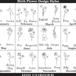 Puede incluir: Un gr&aacute;fico que muestra la flor de nacimiento para cada mes del a&ntilde;o. Las flores est&aacute;n ilustradas en blanco y negro en dibujos de l&iacute;nea. El gr&aacute;fico incluye el nombre de la flor y el mes que representa.