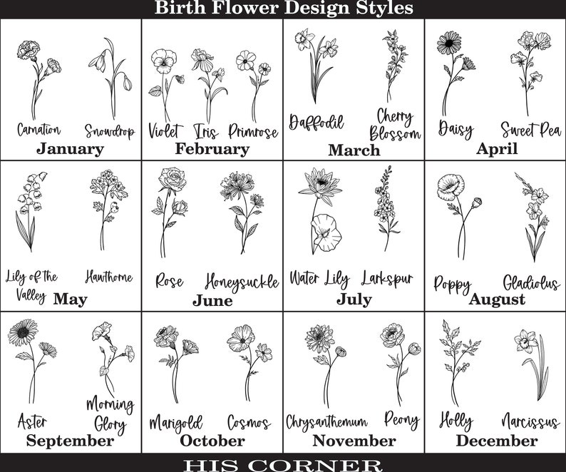 Puede incluir: Un gr&aacute;fico que muestra la flor de nacimiento para cada mes del a&ntilde;o. Las flores est&aacute;n ilustradas en blanco y negro en dibujos de l&iacute;nea. El gr&aacute;fico incluye el nombre de la flor y el mes que representa.