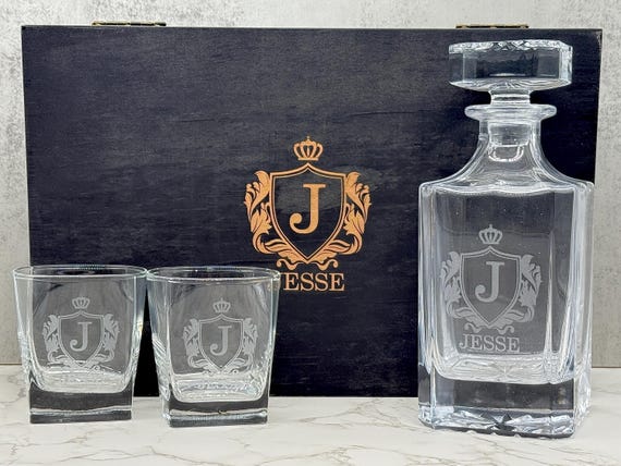 33,000+ favorites don't lie — this is the gold-standard personalized decanter set on Etsy, a proven crowd-pleaser that hits every gift brief for the whiskey lover in your life.