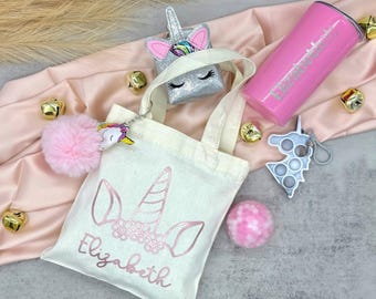 Unicorn Lovers Gift Set – Mini Tote Bag, Tumbler + Unicorn Accessories for Girls – Kids Back to School Gift – Personalized Girls Tumbler