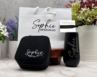 Bridesmaid Proposal Gift Set, Personalized Champagne Tumbler and Jewelry Box with Gift Bag