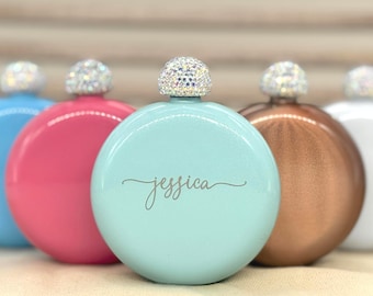 Personalized Rhinestone Flask with Custom Name – Bridesmaid Gift for Her, Bachelorette Party or Girls Trip Flask
