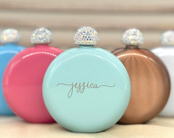 Personalized Rhinestone Flask with Custom Name – Bridesmaid Gift for Her, Bachelorette Party or Girls Trip Flask