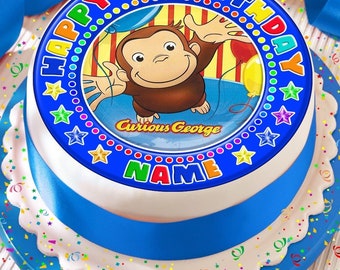 7.5/" PERSONALISED ROUND EDIBLE ICING CAKE TOPPER CURIOUS GEORGE PARTY 7