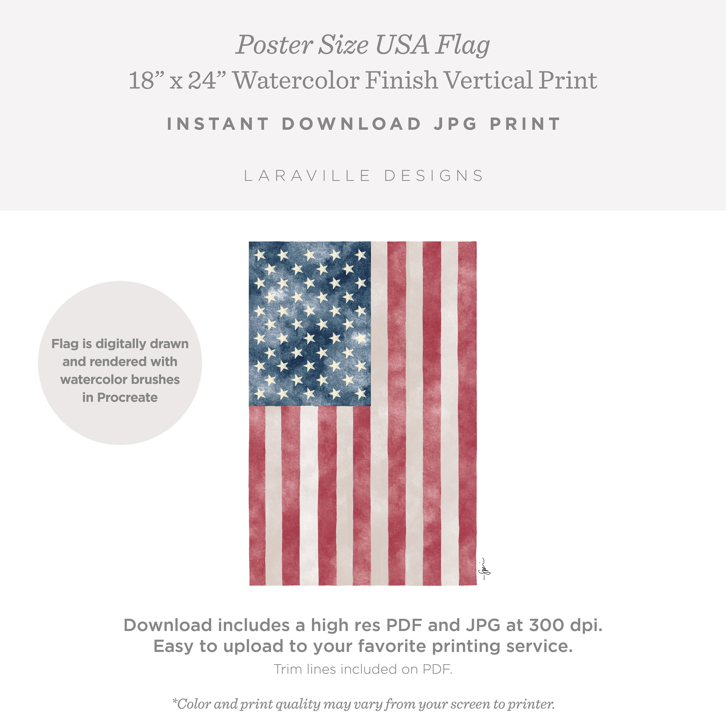 Patriotic Printable, Poster Size American Flag, Watercolor Art ...