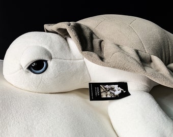 Handmade Jumbo Sea Turtle Plush - Large Stuff Turtle Pillow, Modern White and Sand Big Plush,  Minimalist Stuffed Animal Toy for Room Decor.