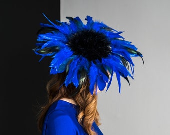 Cobalt Royal Blue Navy Feather Flower Ascot Derby Hat Fascinator Wedding Wide Brim Packable Surreal Millinery Headpiece Hand Custom Made