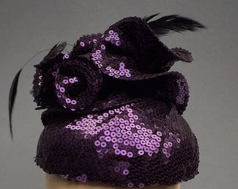 Purple Fascinator Mini Hat with Hand Made Flower and Vintage Coque Feathers Fun Millinery Sequins Fabric Draped Unique