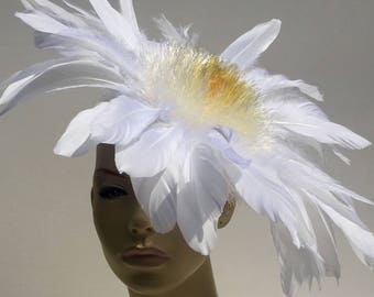 White Ivory Yellow Feather Flower Ascot Derby Hat Fascinator Wedding Bridal Wide Brim Packable Surreal Millinery Headpiece Hand Custom Made