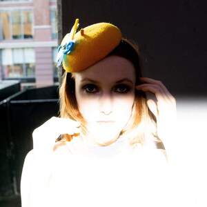 Yellow Blue Flower Beret Mini Hat Fascinator Royal Ascot Derby Button Couture Millinery Festival Carnival Ukrainian Custom Hand Made Unique