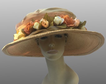 Belle Epoque Edwardian Straw Hat Vintage Gold Silk Taffeta Flowers Wide Big Brim Millinery Theater Costume Period Drama Art Deco Custom Made