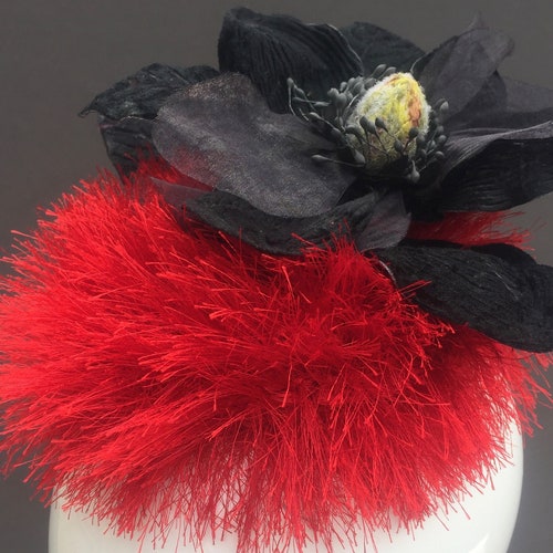 Red Black Fascinator Mini Hat Beret Fun Cocktail Millinery Fur w shops Giant Black Velvet Flower Eyelash Hairy Crochet Handmade Unique