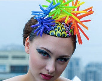 Rainbow Pride Ascot Derby Fascinator Mini Festival Burning Man Hat Beret Millinery Wiggly Eyes Plastic Flowers Straws Custom Hand Made