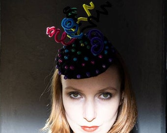 Rainbow Street Art Graffiti Black Derby Ascot Headdress Fascinator Festival Hat Beret Millinery Pom Pom Multicolor Bells Headpiece Handmade