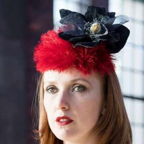 Red Black Fascinator Mini Hat Beret Fun Cocktail Millinery Fur w shops Giant Black Velvet Flower Eyelash Hairy Crochet Handmade Unique