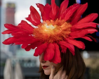 Flame Red Yellow Orange Feather Flower Ascot Derby Hat Fascinator Festival Wide Brim Packable Millinery Headpiece Handmade Custom Made