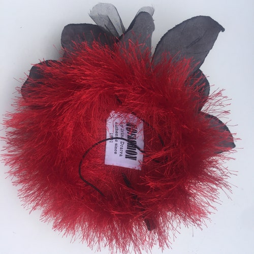 Red Black Fascinator Mini Hat Beret Fun Cocktail Millinery Fur w shops Giant Black Velvet Flower Eyelash Hairy Crochet Handmade Unique