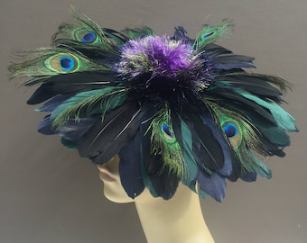 Art Deco Feather Flower Fascinator Ascot Derby Thistle Hat Surreal Millinery Black Green Purple Amethyst Navy Custom Hand Made Packable