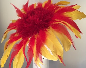 Red Yellow Flame Scarlett Feather Flower Ascot Derby Hat Fascinator Wedding Wide Brim Packable Surreal Millinery Headpiece Hand Custom Made