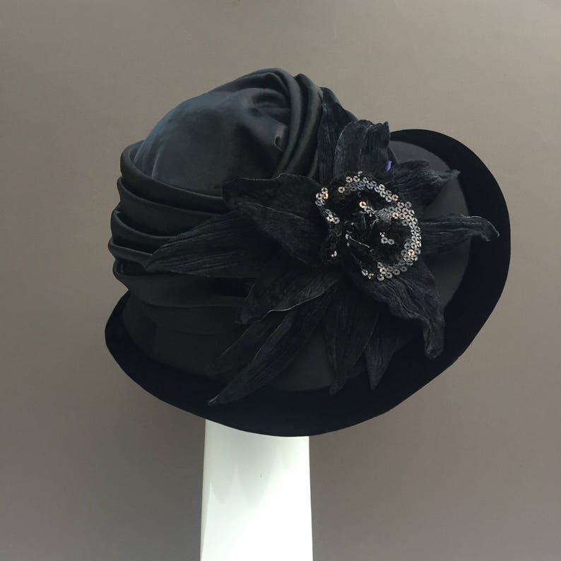 Black Belle Epoque Silk Velvet Flower Wide Brimmed Hat Couture | Etsy