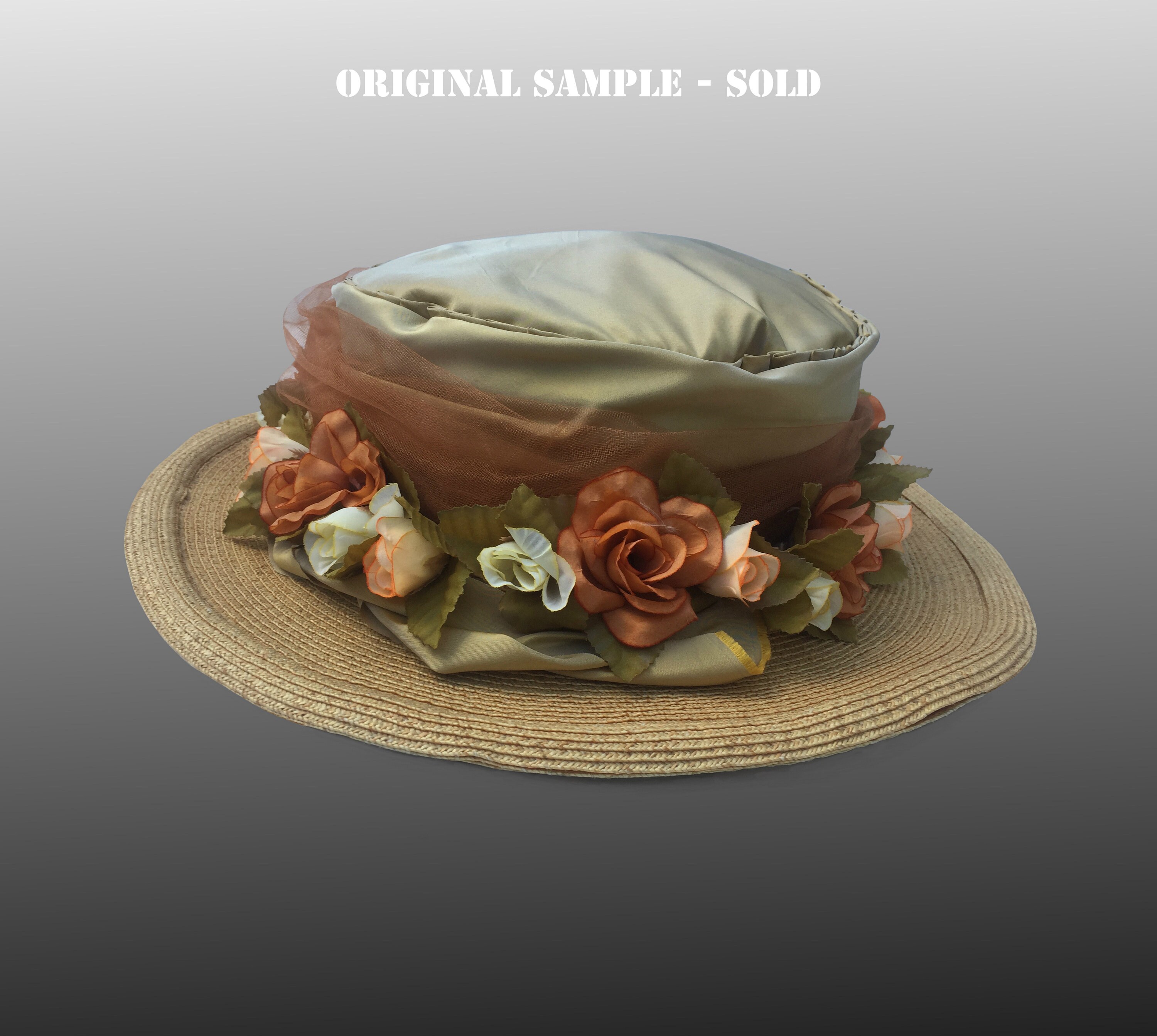 VINTAGE GEORGÍ || COPPERISH BROWN || HAT WITH MESH AND TULLE RIBBON WITH FLOWER Victorian Bonnet, Pink Beige Green, With Flowers and Ribbons  main image 2