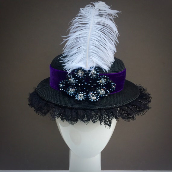 Vintage Black Straw Hat: Belle Epoque Purple Velvet, Ostrich  display picture 3