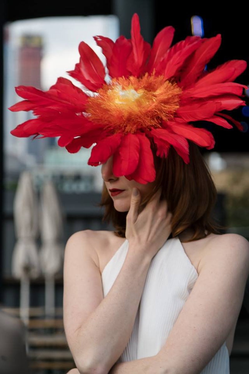 Flame Red Yellow Orange Feather Flower Ascot Derby Hat Fascinato Flame Red Yellow Orange Feather Flower Ascot Derby Hat Fascinato