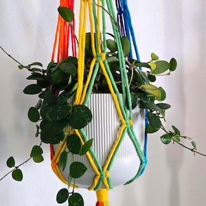 May include: A white ceramic planter with a ribbed design, suspended by a colorful macrame plant hanger. The macrame features rainbow-colored cords in red, orange, yellow, green, and blue. The planter holds a green leafy plant.
