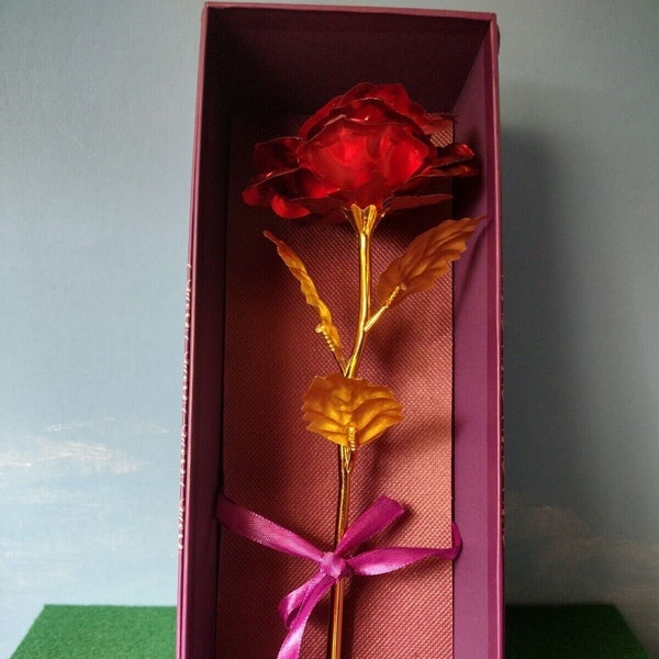 GOLD RED ROSE 24K Gold Dipped Long Stem Red Rose Stamped 24K on stem 10" High Wonderful Gift for All Occasions!