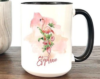 Pink Flamingo Coffee Mug,  Personalized name coffee mug, tropical coffee mug, custom coffee mug, beach coffee mug, personalized coffee mug